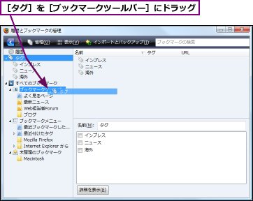 ［タグ］を［ブックマークツールバー］にドラッグ
