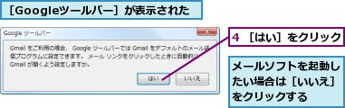 4 ［はい］をクリック,メールソフトを起動したい場合は［いいえ］をクリックする,［Googleツールバー］が表示された