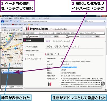 1 ページ内の住所をドラッグして選択,2 選択した住所をサイドバーにドラッグ,住所がアドレスとして登録された,地図が表示された