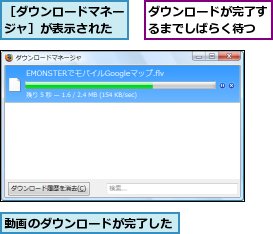 ダウンロードが完了するまでしばらく待つ,動画のダウンロードが完了した,［ダウンロードマネージャ］が表示された