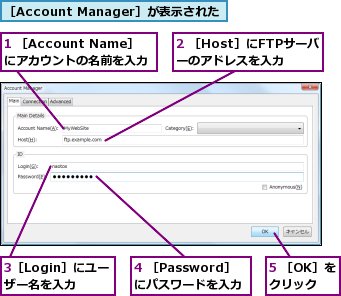 1 ［Account Name］にアカウントの名前を入力,2 ［Host］にFTPサーバーのアドレスを入力,3［Login］にユーザー名を入力,4 ［Password］にパスワードを入力,5 ［OK］をクリック,［Account Manager］が表示された