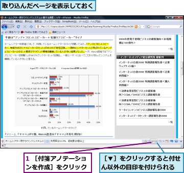 1 ［付箋アノテーションを作成］をクリック,取り込んだページを表示しておく,［▼］をクリックすると付せん以外の目印を付けられる