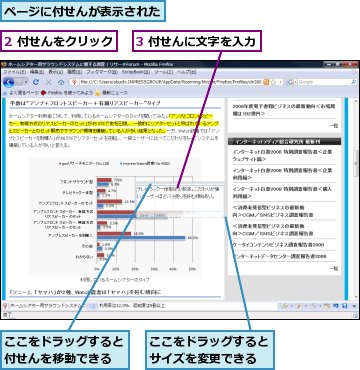 2 付せんをクリック,3 付せんに文字を入力,ここをドラッグするとサイズを変更できる,ここをドラッグすると付せんを移動できる,ページに付せんが表示された