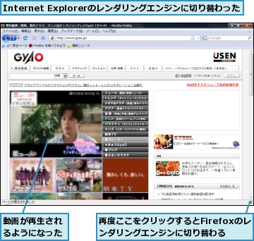 Internet Explorerのレンダリングエンジンに切り替わった,再度ここをクリックするとFirefoxのレンダリングエンジンに切り替わる,動画が再生されるようになった