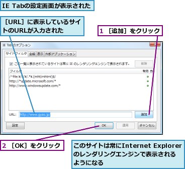 1 ［追加］をクリック,2 ［OK］をクリック,IE Tabの設定画面が表示された,このサイトは常にInternet Explorerのレンダリングエンジンで表示されるようになる,［URL］に表示しているサイトのURLが入力された