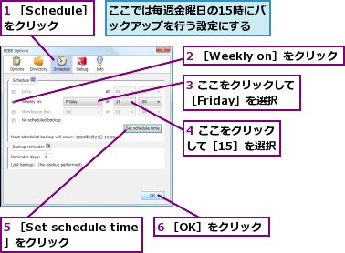 1 ［Schedule］をクリック,2 ［Weekly on］をクリック,3 ここをクリックして［Friday］を選択,4 ここをクリックして［15］を選択,5 ［Set schedule time］をクリック,6 ［OK］をクリック,ここでは毎週金曜日の15時にバックアップを行う設定にする