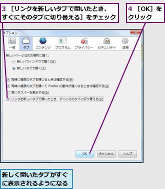 3 ［リンクを新しいタブで開いたとき、すぐにそのタブに切り替える］をチェック,4 ［OK］をクリック,新しく開いたタブがすぐに表示されるようになる