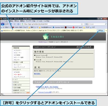 公式のアドオン紹介サイト以外では、アドオンのインストール時にメッセージが表示される,［許可］をクリックするとアドオンをインストールできる