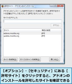 ［オプション］-［セキュリティ］にある［許可サイト］をクリックすると、アドオンのインストールを許可したサイトを確認できる