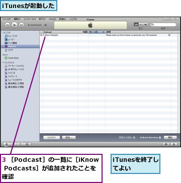 3 ［Podcast］の一覧に［iKnow Podcasts］が追加されたことを確認,iTunesが起動した,iTunesを終了してよい