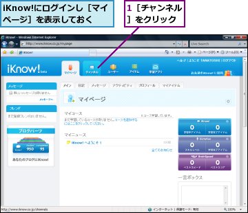 1［チャンネル］をクリック,iKnow!にログインし［マイページ］を表示しておく