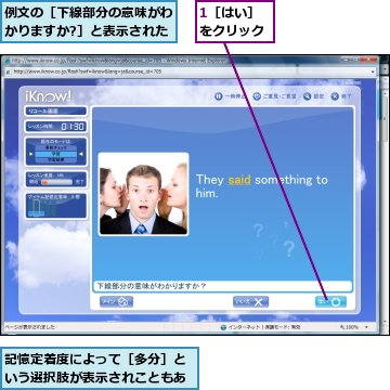 1［はい］をクリック,例文の［下線部分の意味がわかりますか?］と表示された,記憶定着度によって［多分］という選択肢が表示されこともある