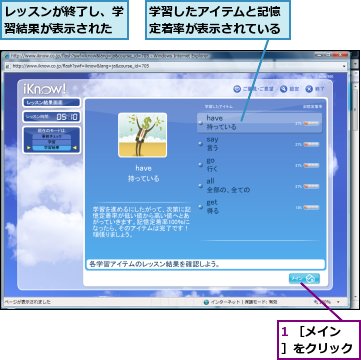 1 ［メイン］をクリック,レッスンが終了し、学習結果が表示された,学習したアイテムと記憶定着率が表示されている