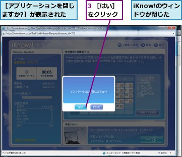 3 ［はい］をクリック,iKnow!のウィンドウが閉じた,［アプリケーションを閉じますか?］が表示された