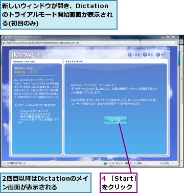 2回目以降はDictationのメイン画面が表示される,4 ［Start］をクリック,新しいウィンドウが開き、Dictationのトライアルモード開始画面が表示される(初回のみ)