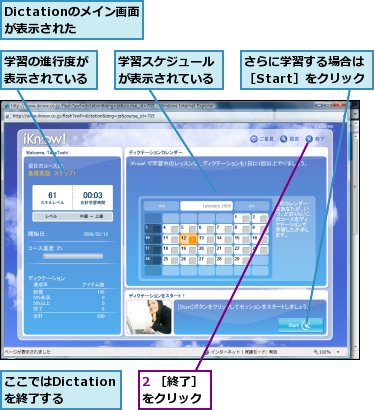 2 ［終了］をクリック,Dictationのメイン画面が表示された,ここではDictationを終了する,さらに学習する場合は ［Start］をクリック,学習の進行度が表示されている,学習スケジュールが表示されている