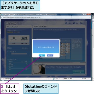 3 ［はい］をクリック,Dictationのウィンドウが閉じた,［アプリケーションを閉じますか?］が表示された