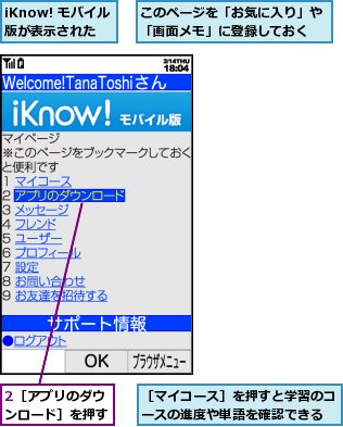 2［アプリのダウンロード］を押す,iKnow! モバイル版が表示された,このページを「お気に入り」や「画面メモ」に登録しておく,［マイコース］を押すと学習のコースの進度や単語を確認できる