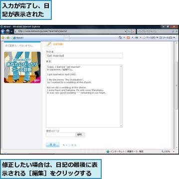 修正したい場合は、日記の最後に表示される［編集］をクリックする,入力が完了し、日記が表示された