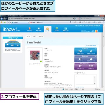 2 プロフィールを確認,ほかのユーザーから見たときのプロフィールページが表示された,修正したい場合はページ下部の［プロフィールを編集］をクリックする