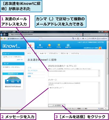 1 友達のメールアドレスを入力,2 メッセージを入力,3［メールを送信］をクリック,カンマ（,）で区切って複数のメールアドレスを入力できる,［お友達をiKnow!に招待］が表示された