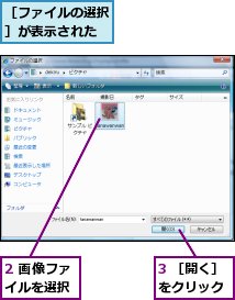 2 画像ファイルを選択,3 ［開く］をクリック,［ファイルの選択］が表示された