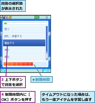 3 上下ボタンで回答を選択,4 制限時間内に［OK］ボタンを押す,タイムアウトになった場合は、もう一度アイテムを学習し直す,回答の選択肢が表示された