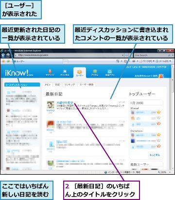 2 ［最新日記］のいちばん上のタイトルをクリック,ここではいちばん新しい日記を読む,最近ディスカッションに書き込まれたコメントの一覧が表示されている,最近更新された日記の一覧が表示されている,［ユーザー］が表示された