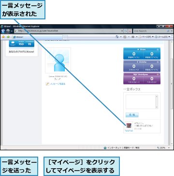 一言メッセージが表示された,一言メッセージを送った,［マイページ］をクリックしてマイページを表示する