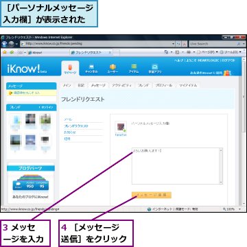 3 メッセージを入力,4 ［メッセージ送信］をクリック,［パーソナルメッセージ入力欄］が表示された