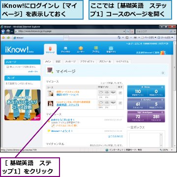 iKnow!にログインし［マイページ］を表示しておく,ここでは［基礎英語　ステップ1］コースのページを開く,［ 基礎英語　ステップ1］をクリック