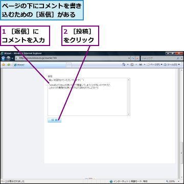 1 ［返信］にコメントを入力,2 ［投稿］をクリック,ページの下にコメントを書き込むための［返信］がある