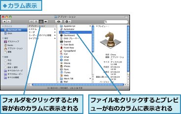 ファイルをクリックするとプレビューが右のカラムに表示される,フォルダをクリックすると内容が右のカラムに表示される