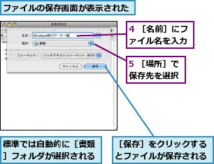 4 ［名前］にファイル名を入力,5 ［場所］で保存先を選択,ファイルの保存画面が表示された,標準では自動的に［書類］フォルダが選択される,［保存］をクリックするとファイルが保存される