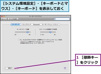 1 ［修飾キー］をクリック,［システム環境設定］-［キーボードとマウス］-［キーボード］を表示しておく