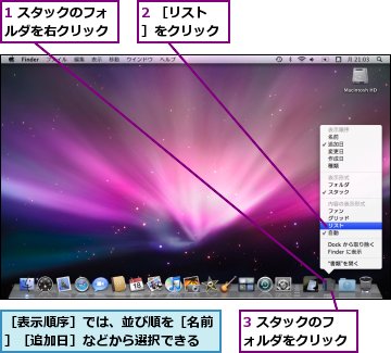 1 スタックのフォルダを右クリック,2 ［リスト］をクリック,3 スタックのフォルダをクリック,［表示順序］では、並び順を［名前］［追加日］などから選択できる