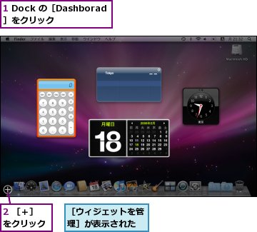 1 Dock の［Dashborad］をクリック,2 ［＋］をクリック,［ウィジェットを管理］が表示された