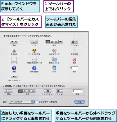 1 ツールバーの上で右クリック,2 ［ツールバーをカスタマイズ］をクリック,Finderウインドウを表示しておく,ツールバーの編集画面が表示された,追加したい項目をツールバーにドラッグすると追加される,項目をツールバーから外へドラッグするとツールバーから削除される