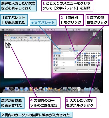 1 ことえりのメニューをクリックして［文字パレット］を選択,2 ［部首別］をクリック,3 漢字の部首をクリック,4 文書内のカーソルの位置を確認,5 入力したい漢字をダブルクリック,文書内のカーソルの位置に漢字が入力された,漢字が画数順に表示された,漢字を入力したい文書などを表示しておく,［文字パレット］が表示された