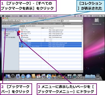 1 ［ブックマーク］-［すべてのブックマークを表示］をクリック,2 ［ブックマークバー］をクリック,3 メニューに表示したいページを［ブックマークメニュー］にドラッグ,［コレクション］が表示された