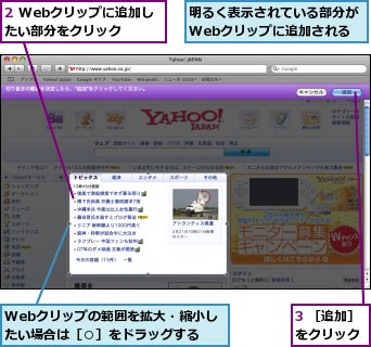 2 Webクリップに追加したい部分をクリック,3 ［追加］をクリック,Webクリップの範囲を拡大・縮小したい場合は［○］をドラッグする,明るく表示されている部分がWebクリップに追加される
