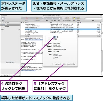 4 各項目をクリックして編集,5 ［アドレスブックに追加］ をクリック,アドレスデータが表示された,氏名・電話番号・メールアドレス・住所などが自動的に判別される,編集した情報がアドレスブックに登録される