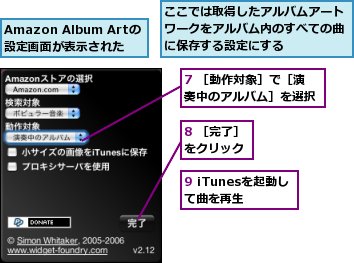 7 ［動作対象］で［演奏中のアルバム］を選択,8 ［完了］をクリック,9 iTunesを起動して曲を再生,Amazon Album Artの設定画面が表示された,ここでは取得したアルバムアートワークをアルバム内のすべての曲に保存する設定にする