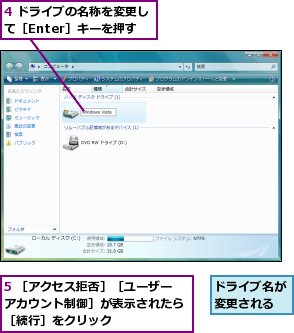 4 ドライブの名称を変更して［Enter］キーを押す,5 ［アクセス拒否］［ユーザーアカウント制御］が表示されたら［続行］をクリック,ドライブ名が変更される