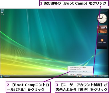 1 通知領域の［Boot Camp］をクリック,2 ［Boot Campコントロールパネル］をクリック,3 ［ユーザーアカウント制御］が表示されたら［続行］をクリック