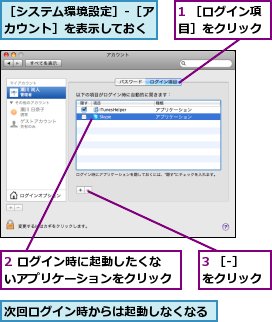 1 ［ログイン項目］をクリック,2 ログイン時に起動したくないアプリケーションをクリック,3 ［‐］をクリック,次回ログイン時からは起動しなくなる,［システム環境設定］-［アカウント］を表示しておく