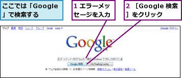 1 エラーメッセージを入力,2 ［Google 検索］をクリック,ここでは「Google」で検索する