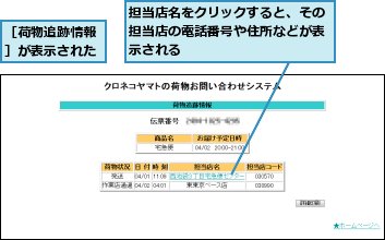 担当店名をクリックすると、その担当店の電話番号や住所などが表示される,［荷物追跡情報］が表示された