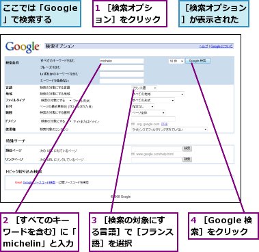 1 ［検索オプション］をクリック,2 ［すべてのキーワードを含む］に「michelin」と入力,3 ［検索の対象にする言語］で［フランス語］を選択,4 ［Google 検索］をクリック,ここでは「Google」で検索する,［検索オプション］が表示された