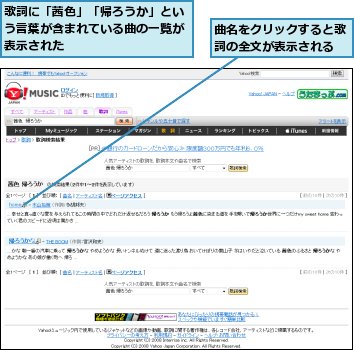 曲名をクリックすると歌詞の全文が表示される,歌詞に「茜色」「帰ろうか」という言葉が含まれている曲の一覧が表示された